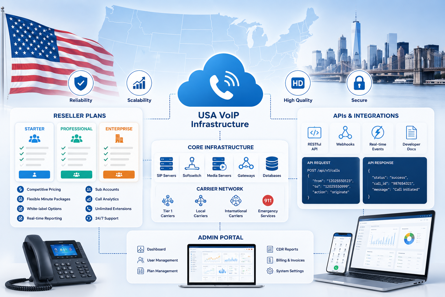 Overview of USA VoIP reseller plans, APIs, and admin portal infrastructure